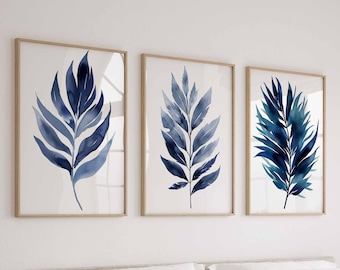 Blue Leaf Wall Art Botanical Prints Set of 3 Blue Wall Art for Bedroom Prints Coastal Farmhouse Wall Art Blue Watercolor Prints Digital Art