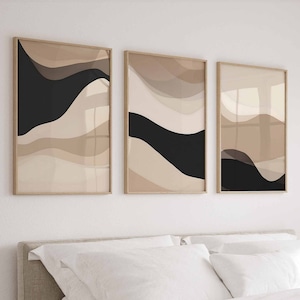 Beige Black Wall Art Set of 3 Prints Bedroom Gallery Wall Art Set Minimalist Neutral Prints Modern Abstract Art Digital Download Printable