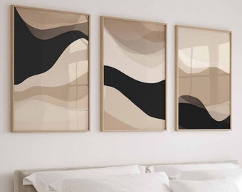 Beige Black Wall Art Set of 3 Prints Bedroom Gallery Wall Art Set Minimalist Neutral Prints Modern Abstract Art Digital Download Printable