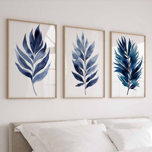 Blue Leaf Wall Art Botanical Prints Set of 3 Blue Wall Art for Bedroom Prints Coastal Farmhouse Wall Art Blue Watercolor Prints Digital Art