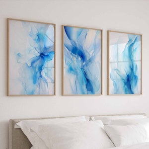 Blue Abstract Watercolor Art Gallery Wall Art Set of 3 Coastal Wall Art Printable Blue Ink Wall Art Modern Abstract Art Office Wall Art