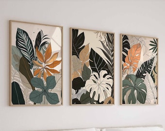 Abstract Neutral Modern Wall Art Set of 3 Floral Abstract Wall Art Tropical Leaves Print Living room Decor Floral Wall Decor Digital Prints