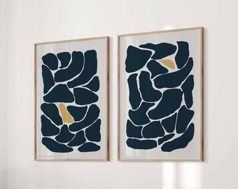 Modern Minimal Gallery Wall Art Set of 2 Abstract Art Navy Blue Prints, Abstract Organic Shapes Wall Art Minimalist Bathroom Decor