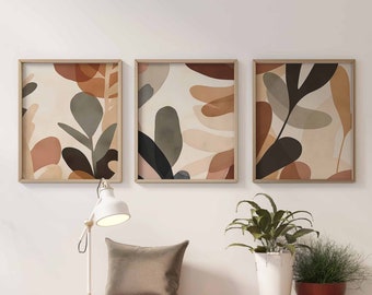 Arte de pared con hojas Arte de pared botánico Juego de 3 impresiones digitales Arte de guardería bohemio Impresiones en beige Arte de pared para sala de estar Impresiones de arte con hojas Arte de pared neutro
