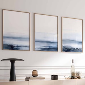 Ensemble de 3 oeuvres d'art murales minimalistes abstraites bleues et blanches, impression d'art mural côtier bleu et blanc aquarelles minimalistes pour chambre Impressions Décoration d'intérieur sereine