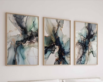 Modern Simple Abstract Wall Art Set of 3 Watercolor Printable Wall Art Bedroom Poster Set Blue and Gold Art Abstract Digital Wall Art