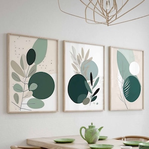 Modern Botanical Wall Art Green Leaf Wall Art Set of 3 Minimalist Green Art Living Room Art Dining Room Decor Printable Digital Art Download