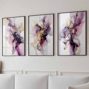 Arte abstrata moderna, arte de parede abstrata roxa e dourada, galeria de arte de parede, conjunto de 3, arte colorida para sala de estar, arte digital para impressão, download