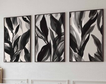 Acuarela abstracta moderna decoración del hogar arte de pared de hojas impresiones de dormitorio arte de pared de apartamento arte en blanco y negro impresiones de flores silvestres descarga digital
