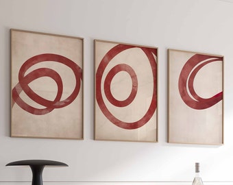 Modern Red Art Printable Set of 3 Digital Prints Minimal Art Prints Abstract Wall Art for Office Prints Modern Line Drawing Circle Prints