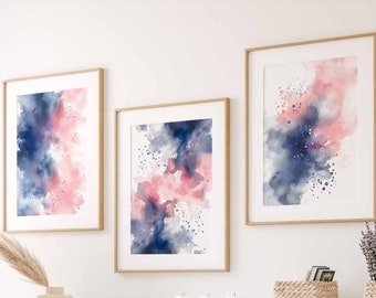 Abstract Pink Blue Wall Art Watercolor Prints Set of 3 Modern Minimalist Art Living Room Art Watercolor Printable Digital Art Download