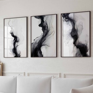Juego de 3 impresiones de arte de pared abstracto, arte de pared de galería neutral, arte de pared abstracto en blanco y negro, decoración de sala de estar, arte de pared de oficina, póster imprimible