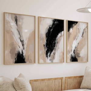 Modern Neutral Abstract Gallery Wall Art Set of 3 Black Beige Neutral Nordic Prints Abstract Art Brush Strokes Modern Abstract Art Printable