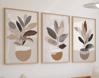Conjunto de impressão de arte de parede de planta com 3 estampas florais neutras, arte de parede de quarto, decoração de casa de campo, arte de parede em tom de terra, estampa floral bege, impressões nórdicas