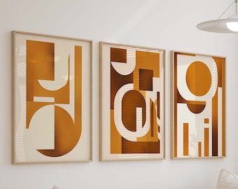 Geometric Wall Art Modern Shapes Art Set of 3 Digital Prints Printable Wall Art Modern Retro Art Brown Art Print Abstract Living Room Art