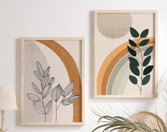 Boho Abstract Art Set of 2 Prints Boho Leaf Wall Art Modern Farmhouse Decor Living Room Art Boho Aesthetic Prints Digital Download Art Print