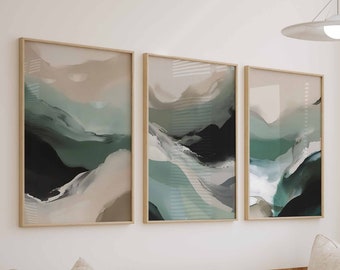 Set of 3 Nordic Wall Art Modern Art Bedroom Prints Living Room Art Abstract Green Watercolor Print Green Wall Art Minimal Digital Download