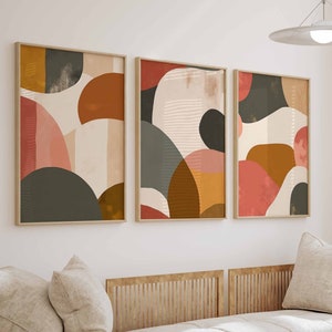 Trendy Modern Canvas Wall Art Set of 3 Colorful Abstract Shapes Geometric Prints Minimalist Boho Wall Decor Mid Century Modern Wall Art Set