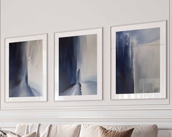 Modern Minimal Art Blue and White Abstract Wall Art Set of 3 Contemporary Art Watercolor Prints for Living Room Art Bedroom Wall Art Digital