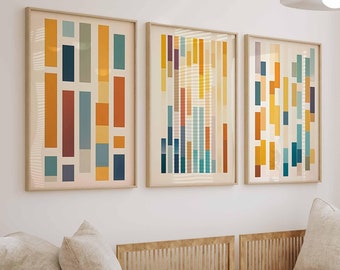 Arte de parede de linha, conjunto de 3 impressões digitais, arte de parede geométrica para impressão, arte abstrata colorida, decoração moderna para casa