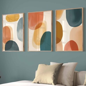 Abstract Wall Art Set of 3 Modern Minimalist Art Neutral Colorful Artwork Digital Prints Geometric Art Printable Shapes Wall Art Watercolor