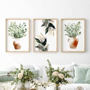 Botanical Wall Art Set of 3 Green Plant Prints Neutral Plant Wall Art Minimalist Watercolor Art for Living Room Art Bedroom Home Decor Art