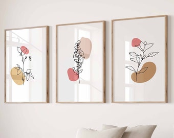 Boho Botanical Print Set of 3, Gallery Wall art, Floral Printable Art, Wild Flowers Art Floral Line Art, Modern Home Decor Art,Printable Art