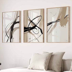 Juego de 3 piezas de arte de pared de galería moderna, arte abstracto, impresiones beige, pinceladas, decoración de dormitorio contemporáneo, arte de granja imprimible