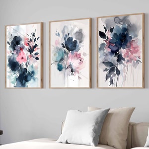 Navy Blue Blush Pink Modern Abstract Art Gallery Wall Art Set of 3 Bedroom Print Set Living Room Art Botanical Posters Farmhouse Prints