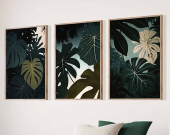 Green Leaf Wall Art Set of 3 Digital Prints Abstract Monstera Plant Wall Art Modern Farmhouse Decor Monstera Leaf Art Printable Prints