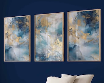 Navy Blue Gold Abstract Printable Wall Art Set of 3 Modern Prints Abstract Art Digital Instant Download Home Decor Blue and Gold Wall Art