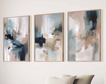 Modern Wall Art Set of 3 Navy Blue Prints Nordic Wall Art Living Room Art Bedroom Poster Set Beige Wall Art Printable Digital Art Download