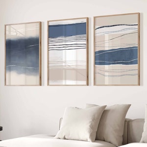 Arte abstrata para parede, azul marinho, bege, galeria de impressões, conjunto de 3 impressões nórdicas, pintura abstrata moderna, sala de jantar, arte abstrata para impressão