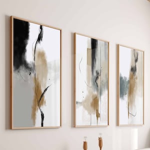 Conjunto de 3 arte de parede para galeria abstrata moderna neutra para impressão, impressões abstratas nórdicas neutras, pôster minimalista Japandi, decoração de parede, digital