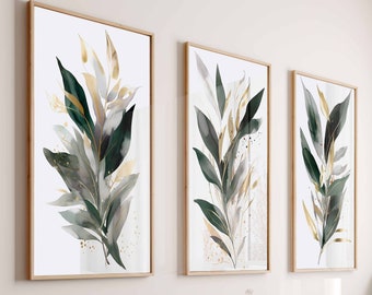 Nature Wall Art Leaves Green Wall Decor Set of 3 Digital Prints Minimalist Art Print Apartment Decor Tropical Leaf Art Simple Contemporary