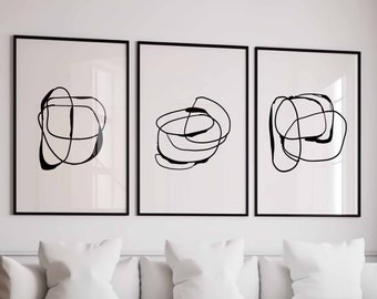 Modern Simple Minimal Gallery Wall Art Set of 3 Black and White Simple Abstract Art Living Room Decor Modern Line Drawing, Printable