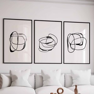Modern Simple Minimal Gallery Wall Art Set of 3 Black and White Simple Abstract Art Living Room Decor Modern Line Drawing, Printable