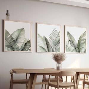 Minimale botanische Wand-Kunst-Plakat-Satz von 3 abstraktes Druck-Set Wohnkultur Moderne grüne Pflanze druckt digitale herunterladbare tropische Kunst