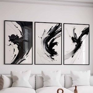 Modern Abstract Art Black White Prints Printable Wall Art Set of 3 Living Room Wall Art Watercolor Prints Ink Wall Art Digital Download Art