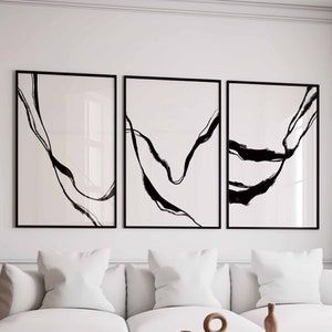 Juego de 3 impresiones minimalistas modernas y sencillas de arte de pared con galería, arte abstracto en blanco y negro, decoración minimalista de oficina, dibujo lineal moderno imprimible