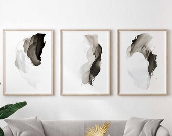 Set di 3 stampe di arte astratta moderna in bianco e nero, stampe da parete con inchiostro per ufficio, decorazioni per appartamenti, arte digitale stampabile, download di pennellate d'arte