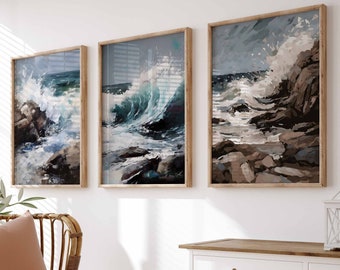 Abstract Landscape Set of 3 Prints Coastal Wall Art for Living Room Art Blue Coastal Decor Modern Abstract Art Wave Wall Art Digital Prints