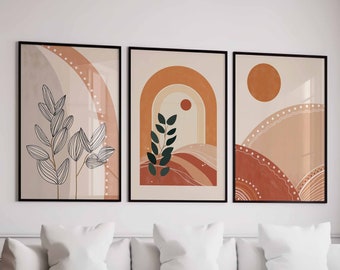 Floral Wall Art Set of 3 Digital Prints Abstract Boho Prints Modern Botanical Print Minimalist Art for Living Room Art Neutral Boho Wall Art