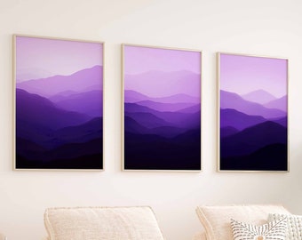 Abstract Purple Wall Art Mountain Wall Art Set of 3 Modern Landscape Art Print Watercolor Wall Art Printable Digital Art Living Room Art