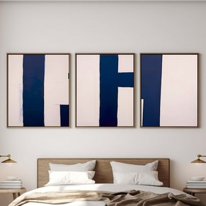 Marineblauwe muur kunst set van 3 afdrukbare muur kunst moderne muur kunst blauwe abstracte kunst minimalistische poster afdrukbare kunst penseelstreken print digitaal