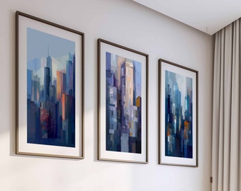 Modern Abstract Art Set of 3 Blue Wall Art Living Room Art Prints Unframed Wall Art for Bedroom Prints Downloadable Digital Art Printable