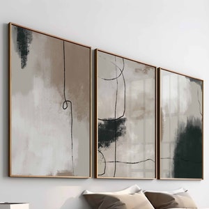 Modern Neutral Abstract Gallery Wall Art Set of 3 Black Beige Neutral Nordic Prints Simple Abstract Art Brush Strokes Modern Abstract Art