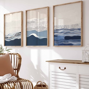 Blaue druckbare Kunst-minimalistischer Satz von 3 moderne Wand-Kunst-Marine-Blau Drucke Wohnung Dekor digitaler Download blau weiß Kunst Küsten Drucke
