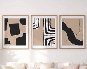 Neutral Art Prints Gallery Wall Art Set of 3 Black and Beige Wall Art Abstract Modern Farmhouse Decor Bedroom Wall Art Printable Digital Art