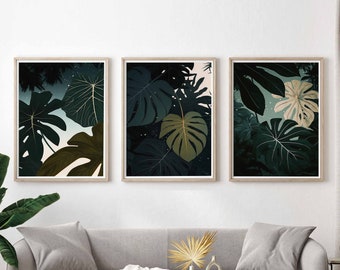 Green Leaf Wall Art Set of 3 Digital Prints Abstract Monstera Plant Wall Art Modern Farmhouse Decor Monstera Leaf Art Printable Prints